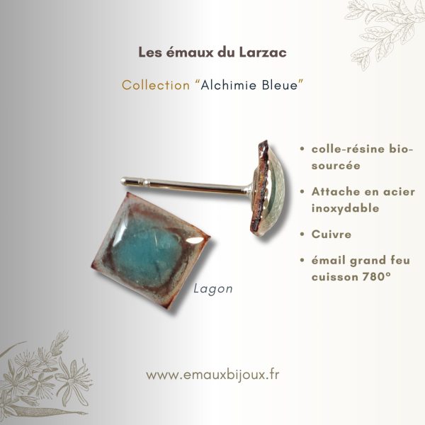 Collection Achimie _ boucles d'oreilles en cuivre émaillé Lagon de couleur bleu d'eau