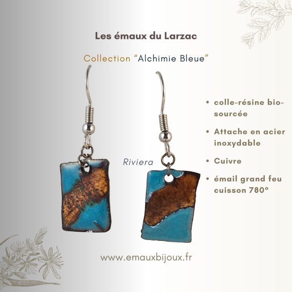 Boucles d'oreilles en cuivre émaillé de forme rectangulaire de couleur bleue et cuivre