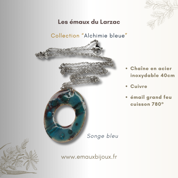 Bijoux en cuivre émaillé apprêts inox, collection Alchimie bleue, Pendentif Songe bleu